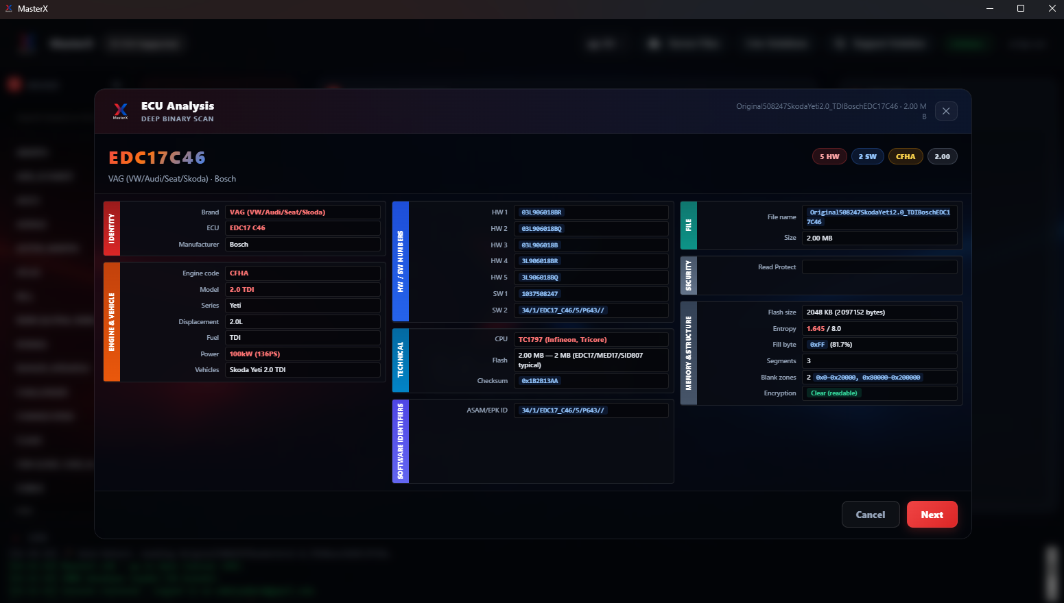 MasterX ECU Analysis, deep binary scan: identity, HW/SW numbers, CPU, flash map, checksum and security