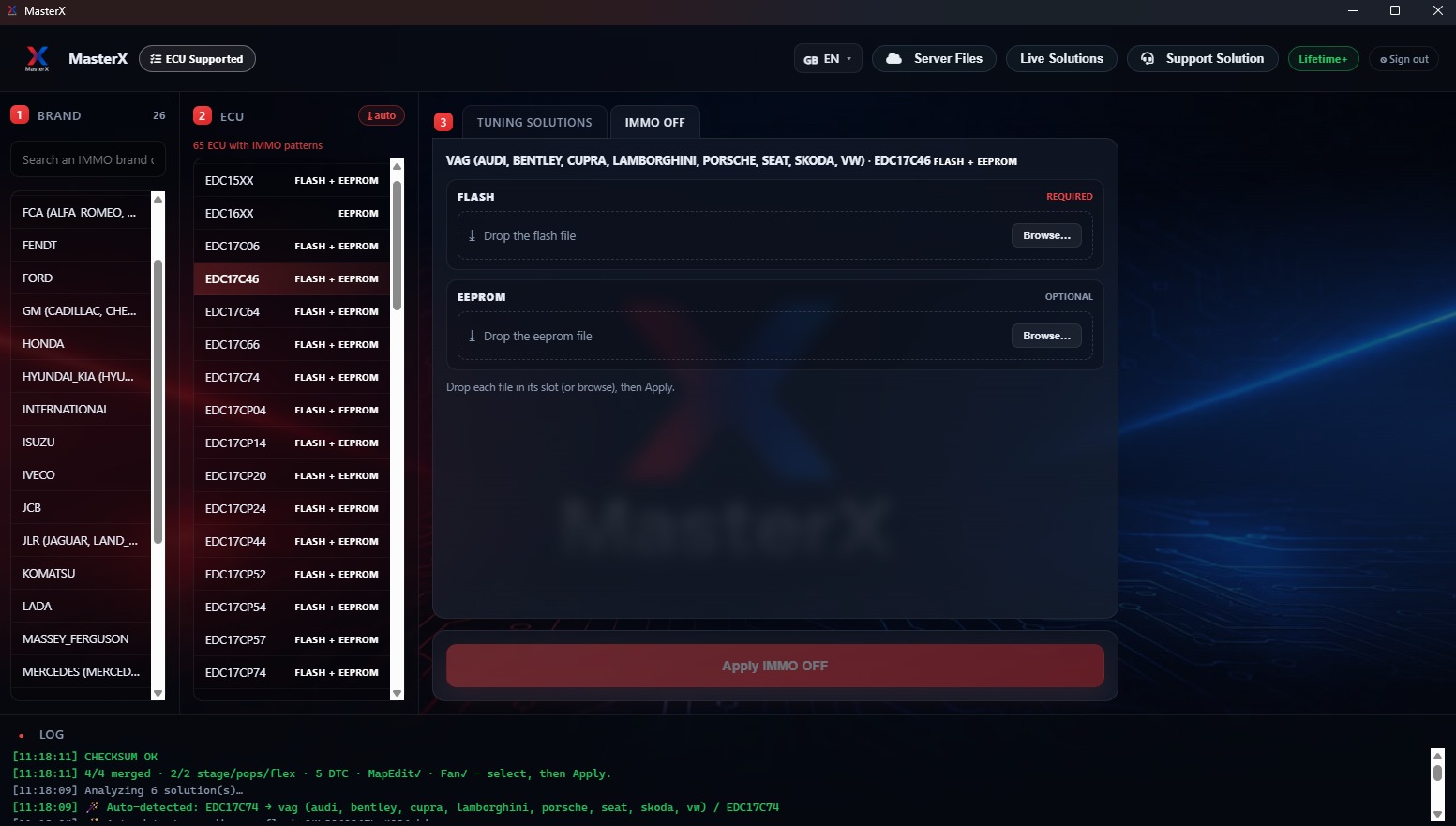 MasterX IMMO OFF tab: brand list, ECU list with FLASH and EEPROM availability, drop slots