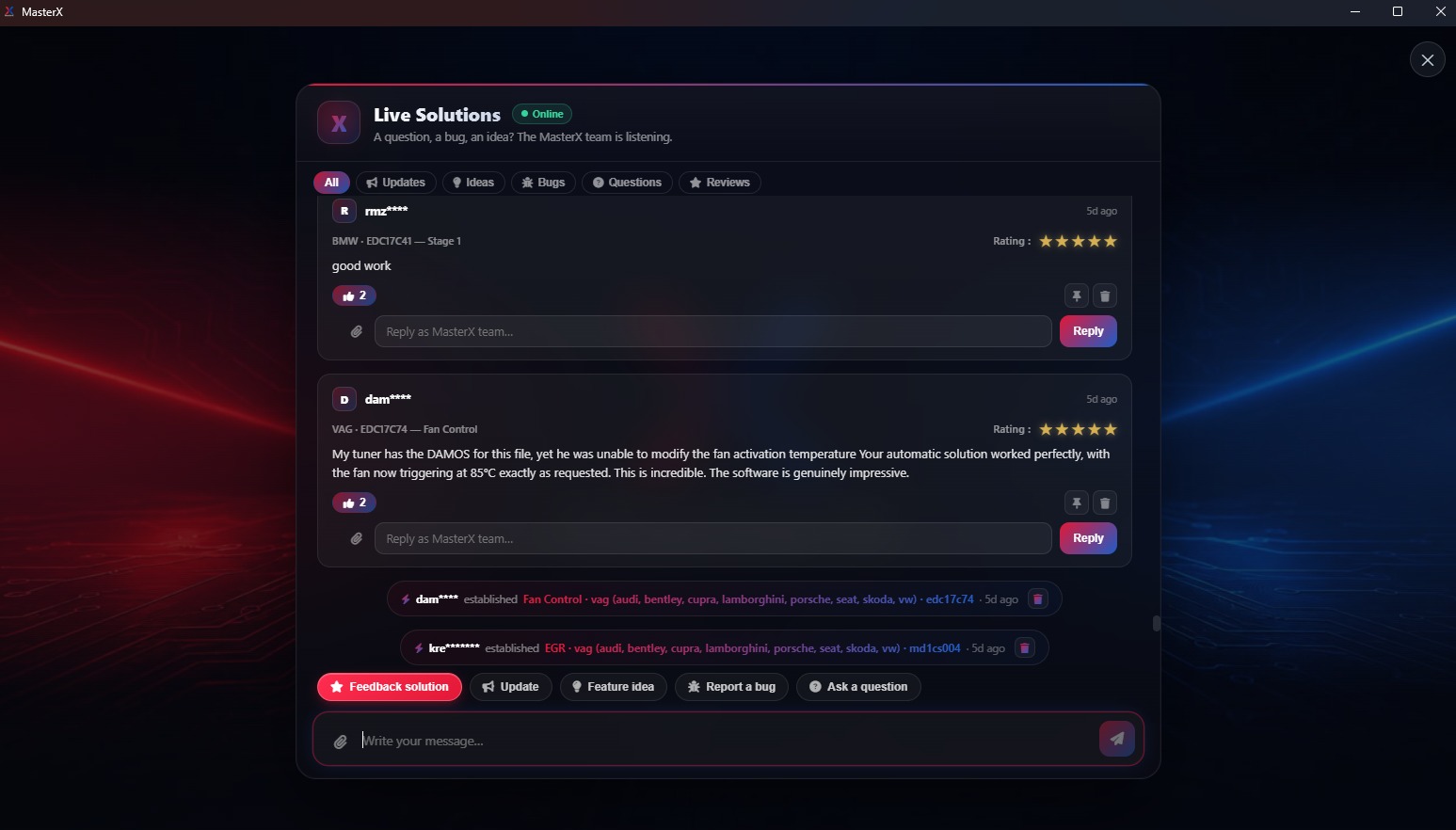 MasterX Live Solutions: feed filtered by Updates, Ideas, Bugs, Questions and Reviews, with team replies and solutions established by other users