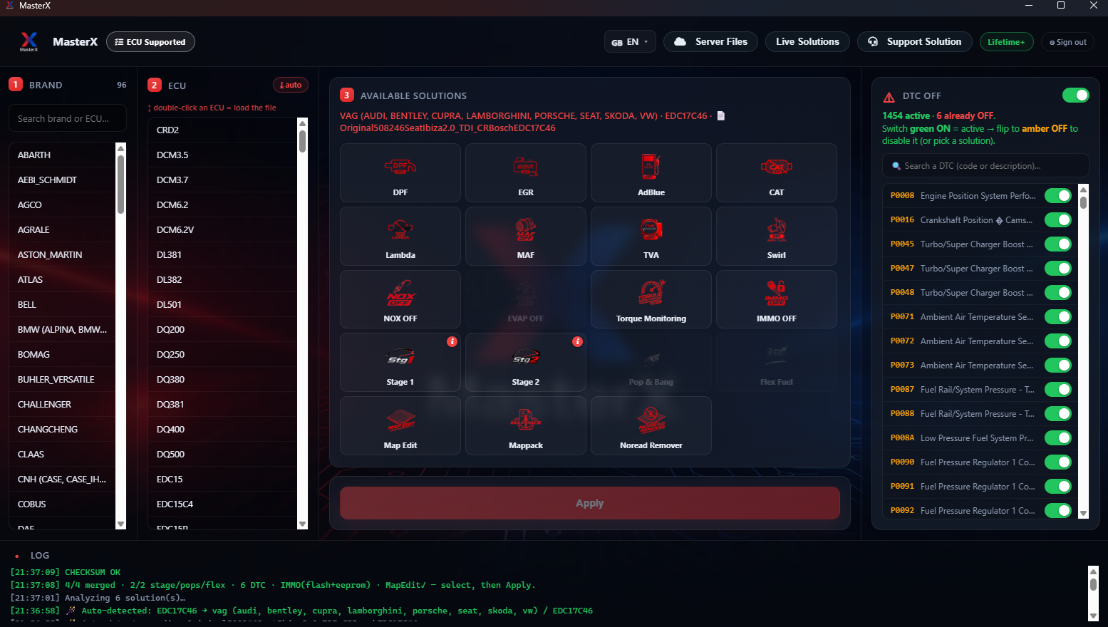 MasterX interface, brand & ECU selection, available solutions, DTC OFF panel and live log