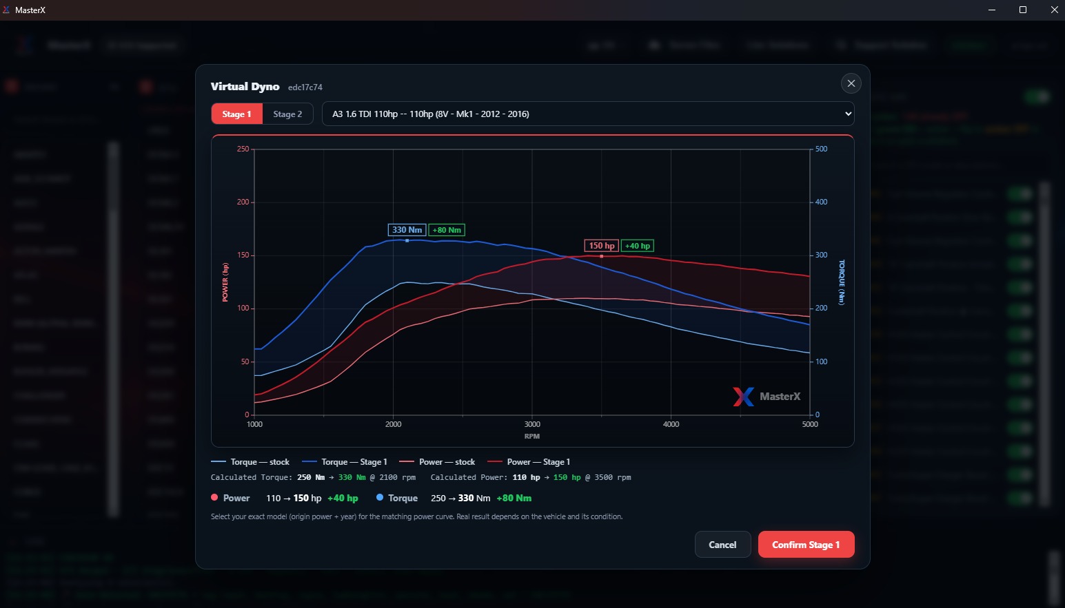 MasterX Virtual Dyno: projected Stage 1 power and torque curves against stock for an A3 1.6 TDI 110 hp on EDC17C74