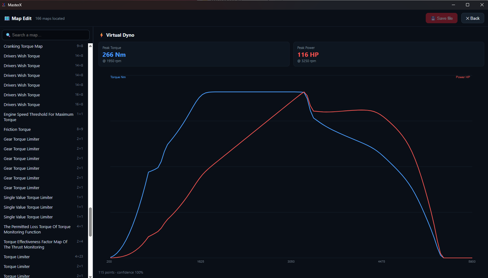 MasterX Map Edit, built-in Virtual Dyno tracking peak torque and power while you edit